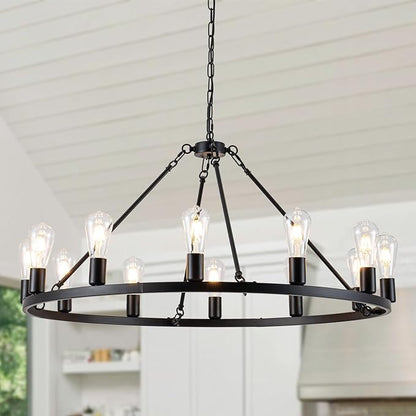 12-Light Wagon Wheel Chandelier, Farmhouse Dining Room Light Fixture, Black Round Rustic Chandeliers, Vintage Ceiling Hanging Pendant Light Fixture for Living Dining Room Bedroom Kitchen Foyer