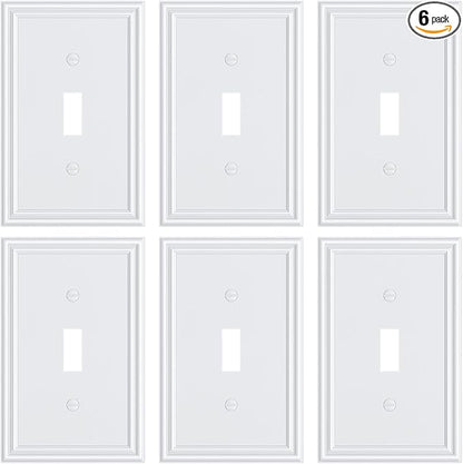 6-Pack Single Toggle Light Switch Cover Plate, Durable Solid Zinc Alloy Decorative Switch Plate Covers, White 1 Gang Wall Plate, Corrosion Resistant