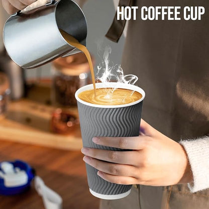 100 Pack 16 oz Coffee Cups with Lids, Disposable Insulated Hot Cups To Go Paper Coffee Cups, Corrugated Ripple Wall Cup for Hot Drink, Office, Coffee Bar (Grey 16 oz)