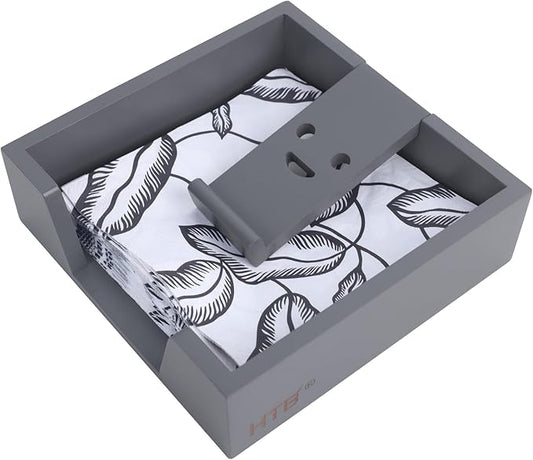 Bamboo Flat Napkin Holder with Weighted Arm Decorative Napkin Tray Dispenser for Table Kitchen Bathroom Dinning (grey)
