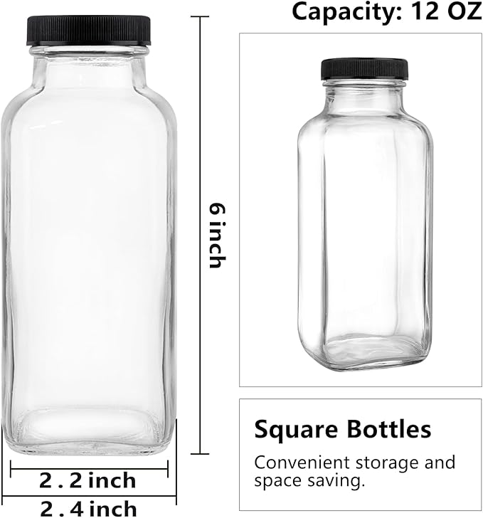GUANENA 12 Pack Glass Drink Bottles, 12 OZ Vintage Square Water Bottles - Image 2