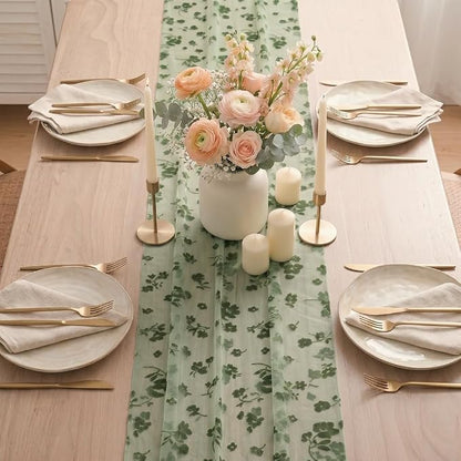 Artoid Mode Sage Green Gauze Flocking Flowers Table Runner 10FT, Spring Sheer - Image 3