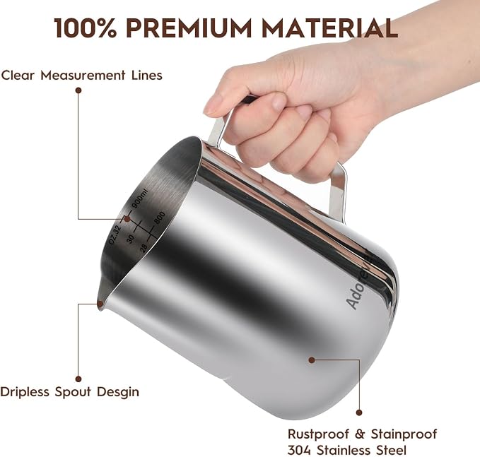Milk Frothing Pitcher, 32oz Steaming Pitcher Stainless Steel Espresso Machine - Image 3