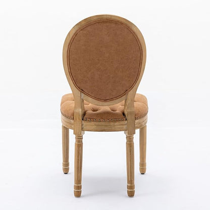 Ball & Cast French Vintage Upholstered Dining Chairs Set of 2, Button Tufted Kitchen Side-Chairs with Carved Antique Wood Frame & Nailhead Trims, PU-Leather Curved Backrest Louis Chair, PU Orange