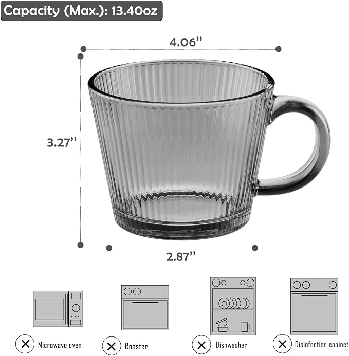 13oz Vintage Coffee Mugs 2 pack Striped Glass Tea Cups - Image 2