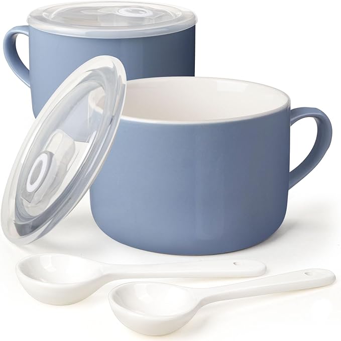 Soup Bowls with Handles & Spoons, 30oz Ceramic Ramen Bowl with Lid, Large Soup by Wareland