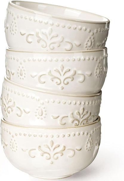 Artena Small Bowls Set of 4, 12 oz Ceramic Embossment Dessert Bowls, white Bowl for Kitchen, Ice Cream, Side Dishes, Rice, Cereal, Fruit, 4.5 Inch, Microwave & Dishwasher Safe, Damask Floral