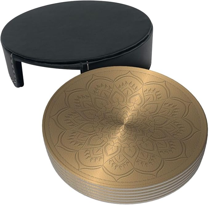Drink Coasters with Holder Stand Set of 6, Mandala Rosette Engraving Pu Leather - Image 9