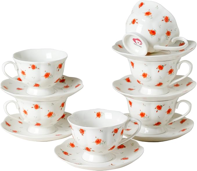 6oz Floral Porcelain Tea Cup & Saucer Set of 6, Rose Pattern | Elegant rose tea by PRECITIME