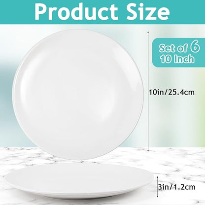 Dinner Plates Set of 6, 10 Inch White Ceramic Dinner Plates, Round Porcelain Appetizer Plate for Kitchen Serving and Everyday Use, Microwave & Dishwasher Safe