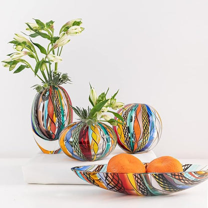 Ca D Oro Murano Style Small Decorative Bowl and Centerpiece Boho with Colored Canes Hand Blown Art Glass Crystal for Home and Room Decoration - 50 MS