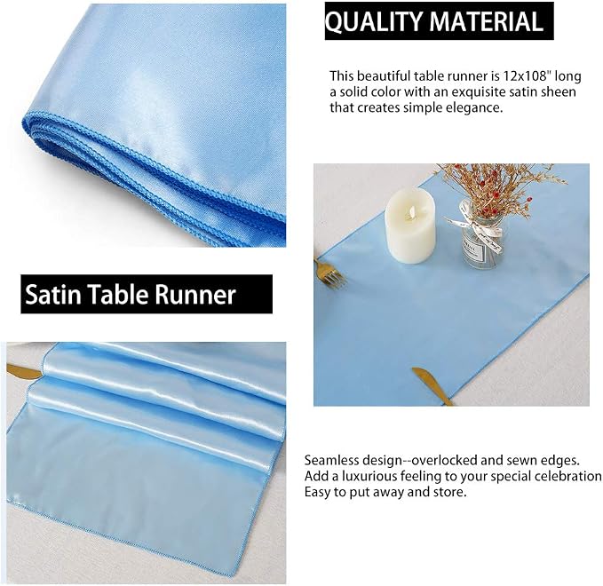Baby Blue Satin Table Runners 10 Pack 12x108 inch Silk Smooth Fabric | Bright - Image 3