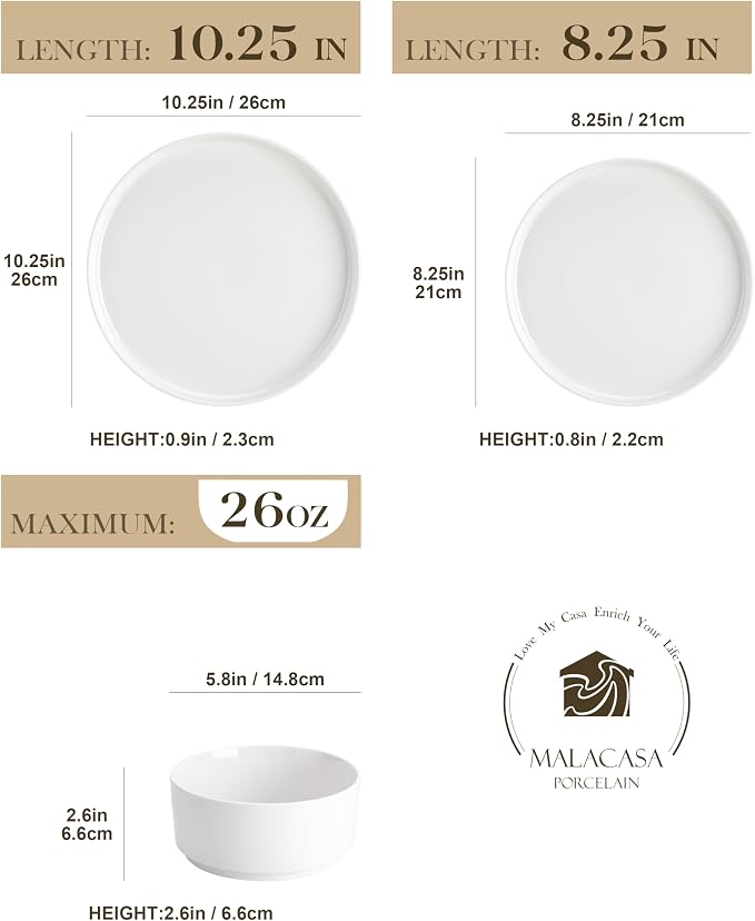 MALACASA 24 Pieces Porcelain Dinnerware Set, Modern White Dish Set - Image 2