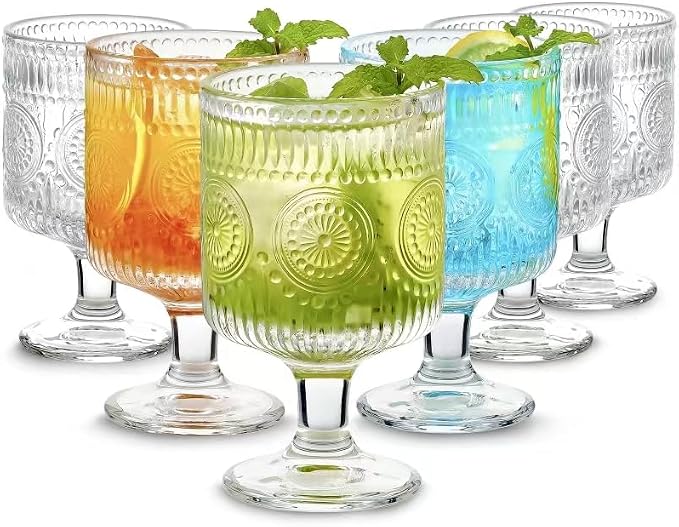 6 Packs Vintage Goblet Glasses, 8 oz Wine Glasses, Embossed Floral Glass Cups by Hlukana