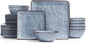 Famiware Dinnerware Sets for 8, Ocean Square 24-Piece Kitchen Plates and Bowls Sets, Microwave and Dishwasher Safe, Scratch Resistant, Blue