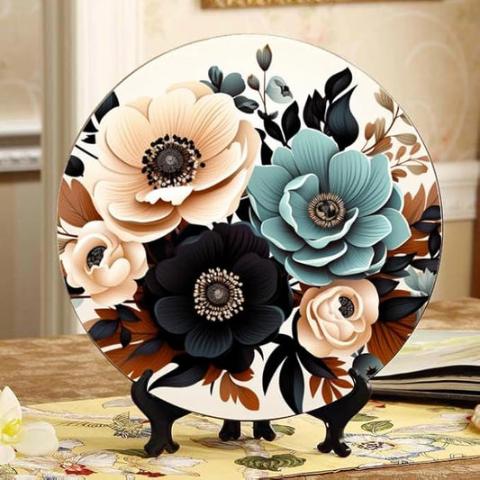 Monochrome Bouquet 10-inch Ceramic Decorative Plate Suitable for Living Room, Kitchen & Office, with Stand & Wall Mount Option DP-294767937