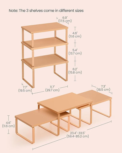 SONGMICS Cabinet Organizer Shelf, Set of 3 Kitchen Counter Shelves, Kitchen Storage, Spice Rack, Stackable, Expandable, Apricot UKCS220Y01V1