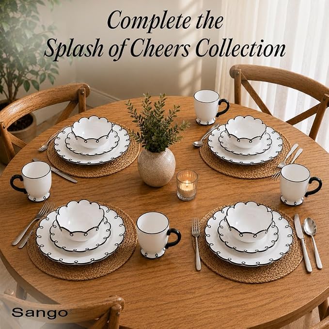 SANGO Splash of Cheers Large Mugs Set of 4, 16 oz Stoneware Black and White - Image 5