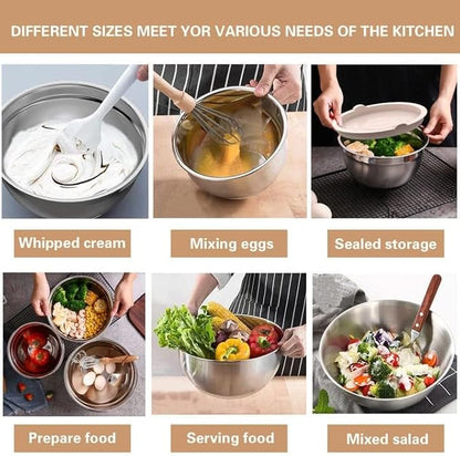 Mixing Bowls with Airtight Lids, 20 piece Stainless Steel Metal Nesting Bowls, Non-Slip Silicone Bottom, Size 7, 3.5, 2.5, 2.0,1.5, 1,0.67QT Great for Mixing, Baking, Serving (Khaki)