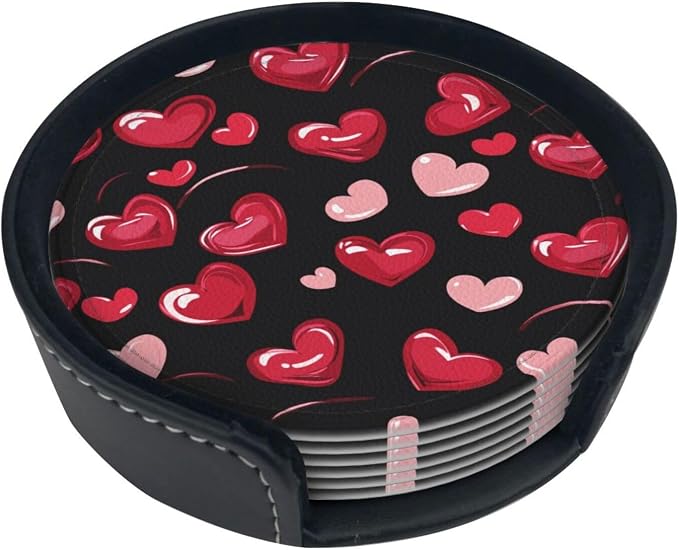Pink and Red Love Heart Leather Coasters Set of 6 by Nameapo