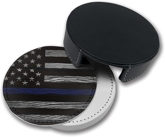 Thin Blue Line Leather Drinks Coasters - Image 4