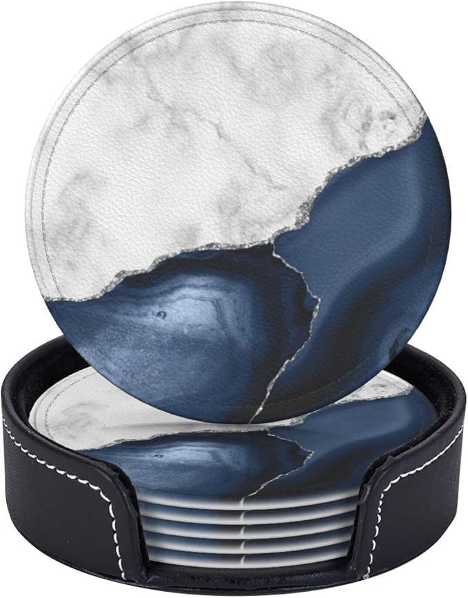 6 Pcs White Navy Blue Silver Marble Leather Coasters by Jfniub