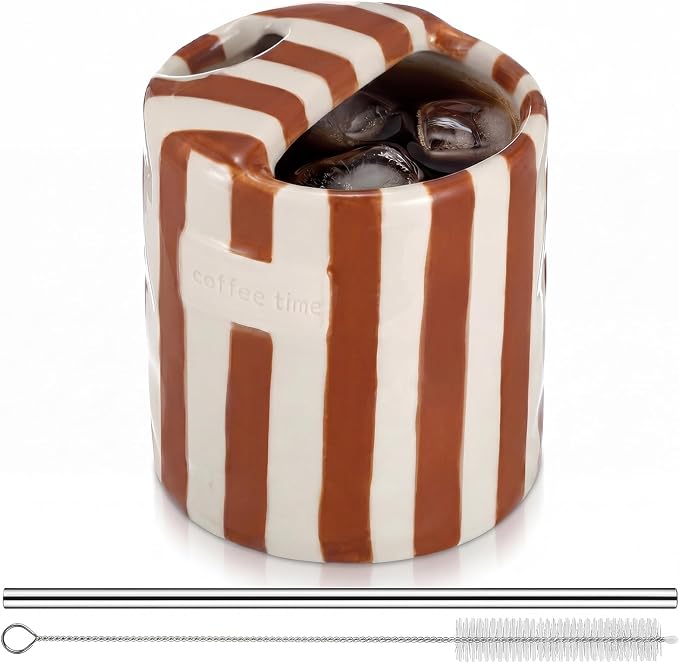 1 Pack Ceramic Coffee Mug with Sip Hole Espresso Cup 10oz with Straws Retro by Ferrochef