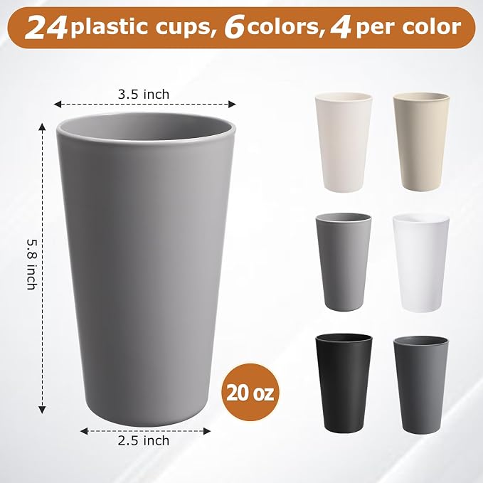 HEYCOME 24 Pcs Unbreakable Plastic Cups Set, 20 oz Reusable Plastic Cups - Image 2