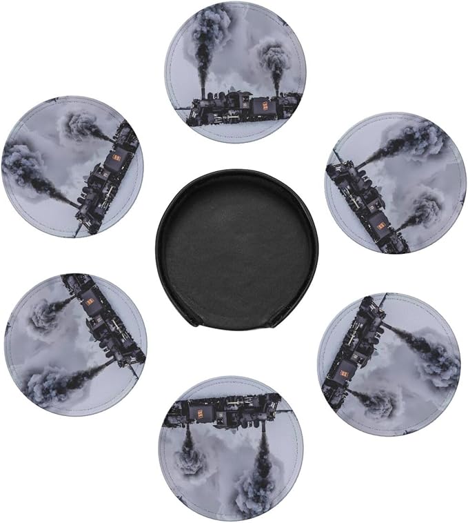6 Pcs Winter Train Braving Smoke On Black Railroad Tracks Leather Coasters - Image 7