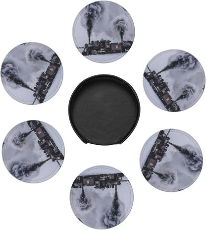 6 Pcs Winter Train Braving Smoke On Black Railroad Tracks Leather Coasters - Image 7
