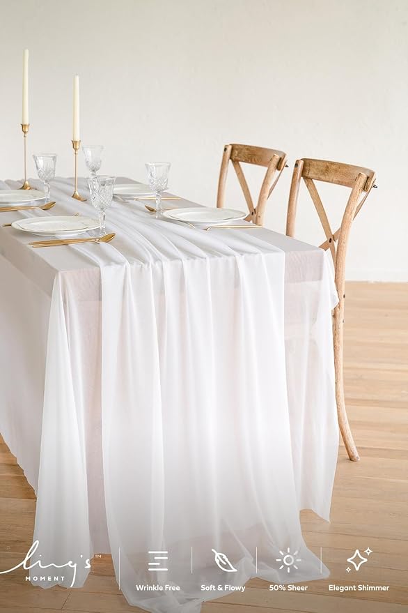 Ling's Moment 14Ft Brilliant White Table Runner, Long Chiffon Table Runners | - Image 2
