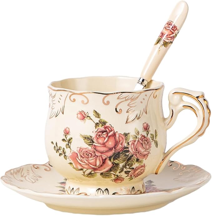 YOLIFE Tea Cup and Saucer Set, 8 OZ Pink Rose Tea Cup Set | Ivory Vintage by YOLIFE
