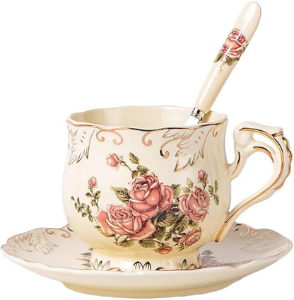 YOLIFE Tea Cup and Saucer Set, 8 OZ Pink Rose Tea Cup Set | Ivory Vintage by YOLIFE