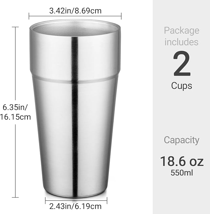 Beasea Stainless Steel Cups 19 oz, 2 Pack Large 18.6oz 550ml Stackable - Image 2
