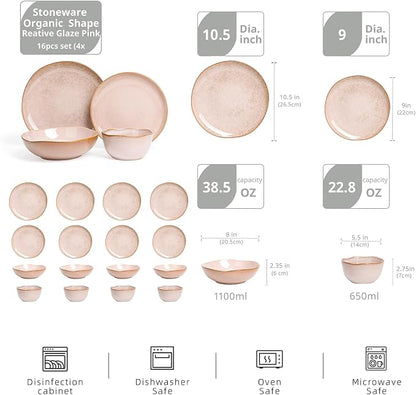 Highland 16pc Dinnerware Set, Unique Organic Shape Double Bowl， Stoneware Plate - Image 2