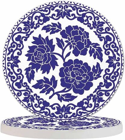 Blue Bouquet Cup Coasters for Table Polynesian Ornament Swirl Circle Totem Reusable Drink Coasters Set 2 Pcs Coffee Home Farmhouse Living Room Bar Decor