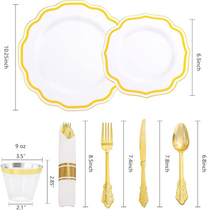 YOUBET 350 PCS White and Gold Plastic Plates - Disposable Plates for 50 Guests Tableware Includes 150 Gold Plastic Silverware, 50 Cups, 50 Napkins, for Wedding Party & Thanksgiving