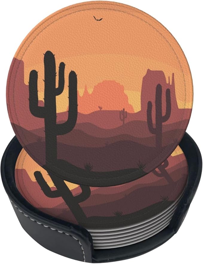 6 Pcs Desert Sunset Cactus Leather Coasters by NiuKom