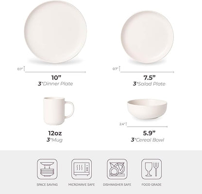 12-Piece Matte White Dinnerware Set,Stoneware Dinnerware for 3, Microwave & Dishwasher Safe, Stackable Design for Kitchen and Dining - Plates,Bowls and Mugs