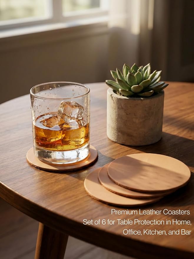 Real Natural Grain Leather Coasters – Durable Non-Slip Distressed Design - Image 2
