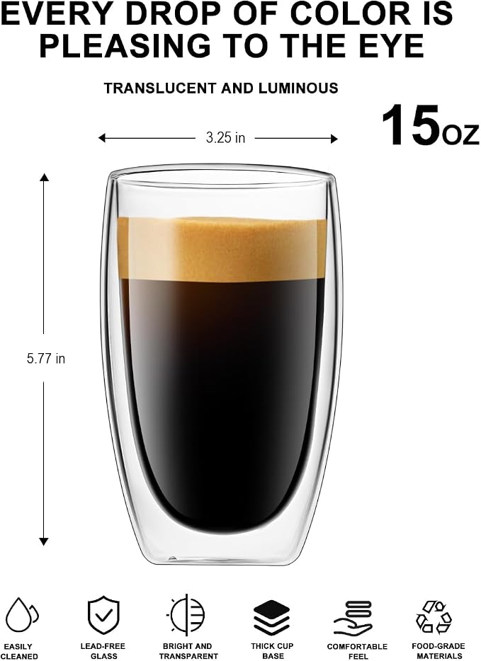 LUXU Glasses Double Walled Glasses Coffee Mugs, 16 Oz Set of 4 | Premium Coffee - Image 2