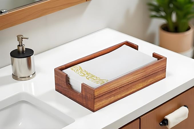 Napkin Holder for Bathroom, Acacia Guest Towel Holder, 4 Non Slip Pads - Image 5