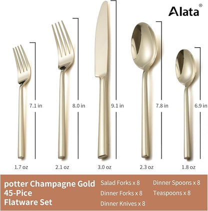Alata Potter Champagne Gold 45-Piece Forged Silverware Set - Image 4
