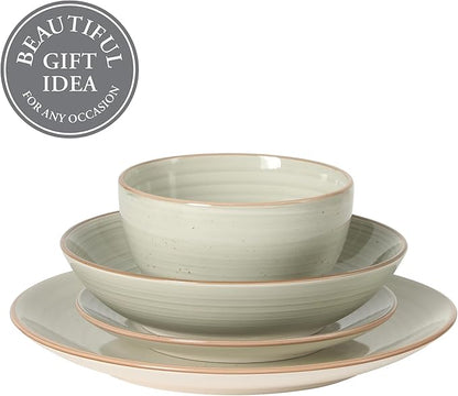 Gibson Home Stonebury 16 Piece Plates and Bowls Cream Grey Dishes - Handpainted Stoneware Dinnerware Set - Service for 4