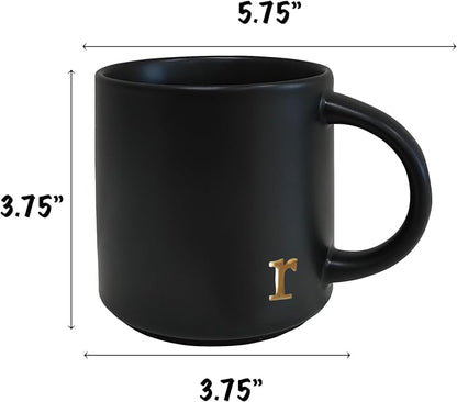 COLLECTIVE HOME Black Ceramic Coffee Mug, 15 oz Golden Monogram Tea Cup | - Image 4