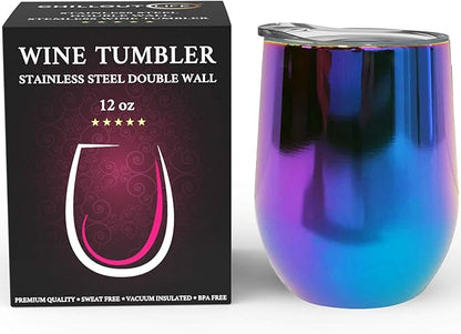 CHILLOUT LIFE 12 oz Stainless Steel Wine Tumbler with Lid - Double Wall Vacuum Insulated Wine Cup Glass Keeping Cold & Hot for Coffee, Champagne, Cocktails, Ice Cream - Dishwasher Safe Color