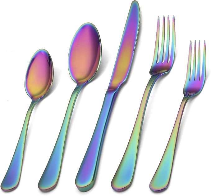Rainbow Silverware Set, SHARECOOK 20-Piece Stainless Steel Flatware Set by Sharecook