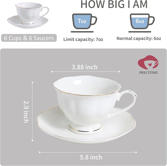 6oz Porcelain Tea Cup & Saucer Set of 6, Party | Elegant white ceramic - Image 2