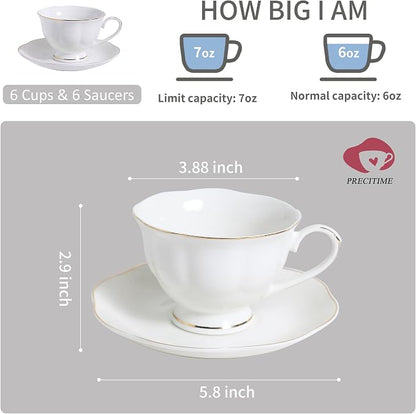 6oz Porcelain Tea Cup & Saucer Set of 6, Party | Elegant white ceramic - Image 2