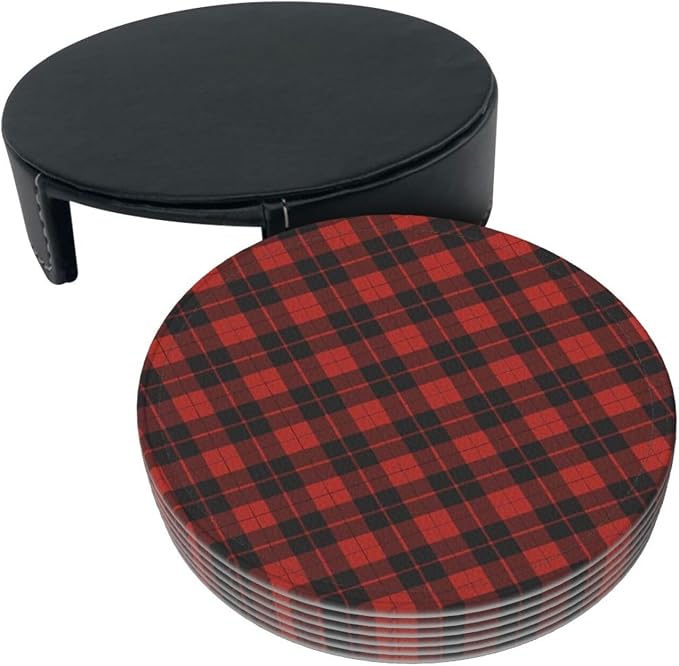 6 Pcs Christmas Plaid Red Black Buffalo Check Leather Coasters - Image 4